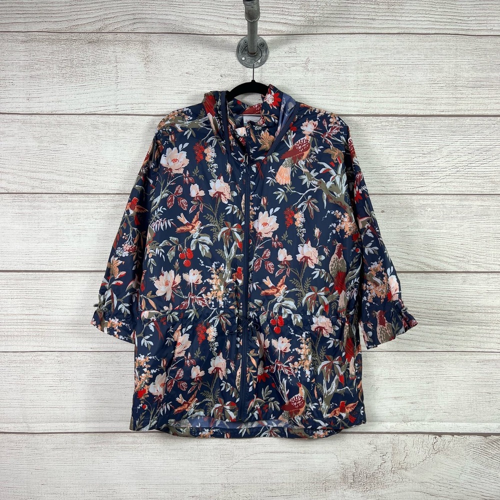 Columbia Women's Inner Limits ll Floral Bird Print Navy Rain Jacket Size Large